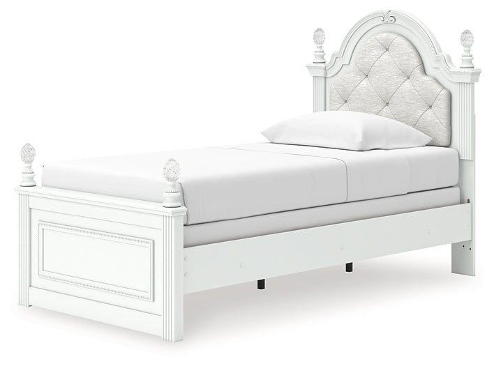 Kozlani Twin Upholstered Panel Bed, Dresser and Mirror