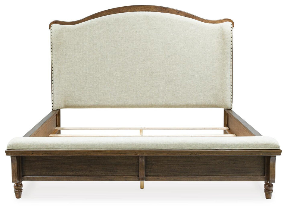 Sturlayne Queen Upholstered Panel Bed, Dresser, Mirror and Nightstand