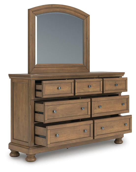 Feddinger California King Storage Sleigh Bed with Mirrored Dresser and Nightstand