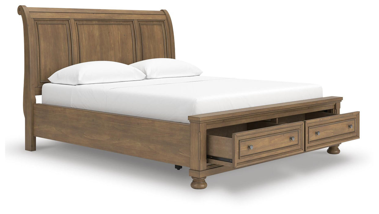 Feddinger California King Storage Sleigh Bed with Mirrored Dresser and Nightstand