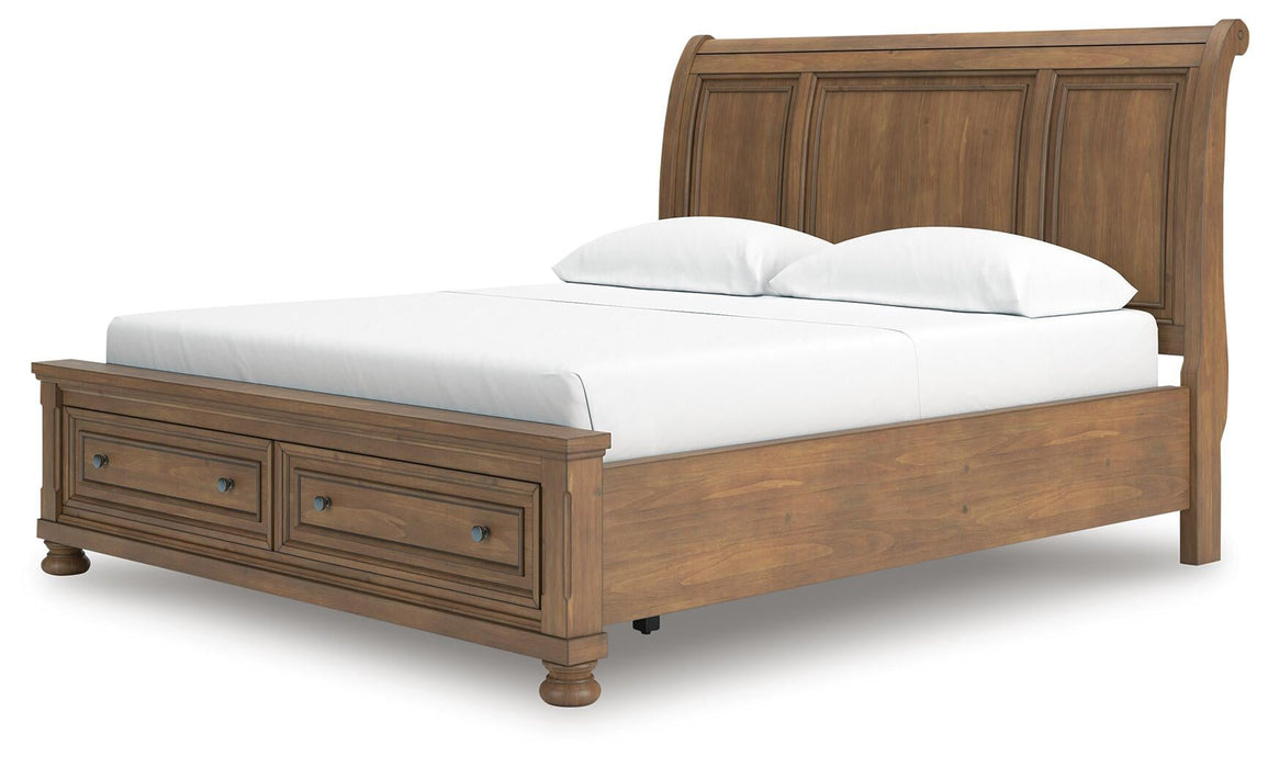 Feddinger California King Storage Sleigh Bed with Mirrored Dresser and Nightstand