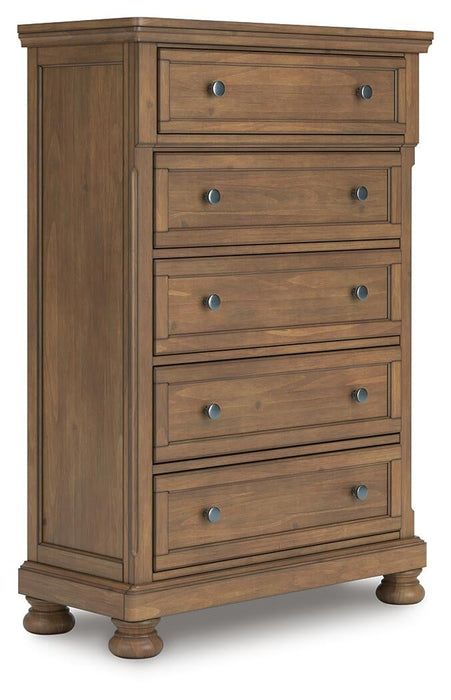 Feddinger California King Panel Bed with Mirrored Dresser, Chest and Nightstand