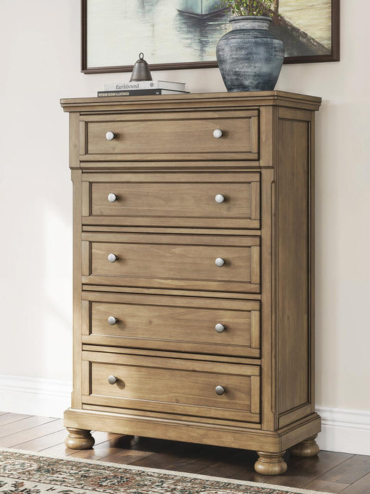 Feddinger California King Panel Bed with Mirrored Dresser, Chest and Nightstand