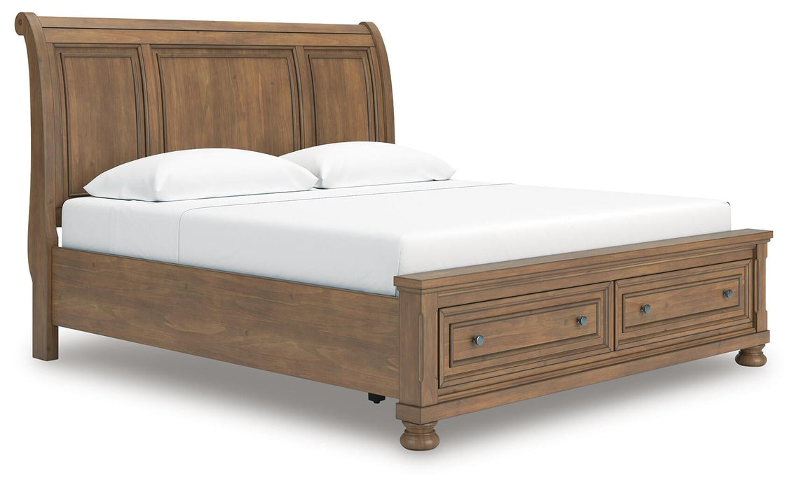 Feddinger King Storage Sleigh Bed with Mirrored Dresser and Nightstand
