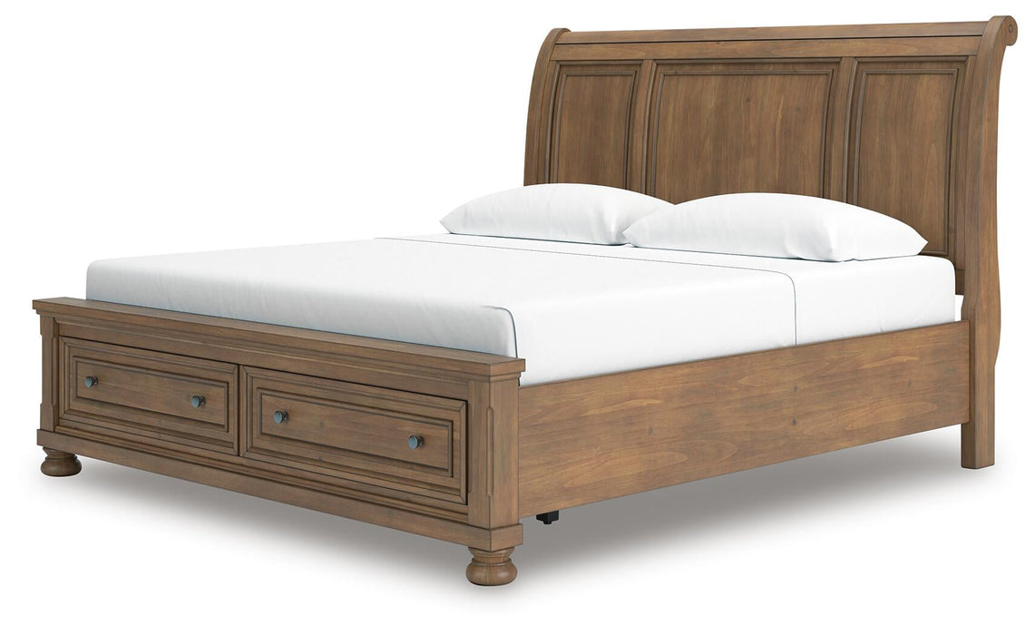 Feddinger King Storage Sleigh Bed with Mirrored Dresser and Nightstand