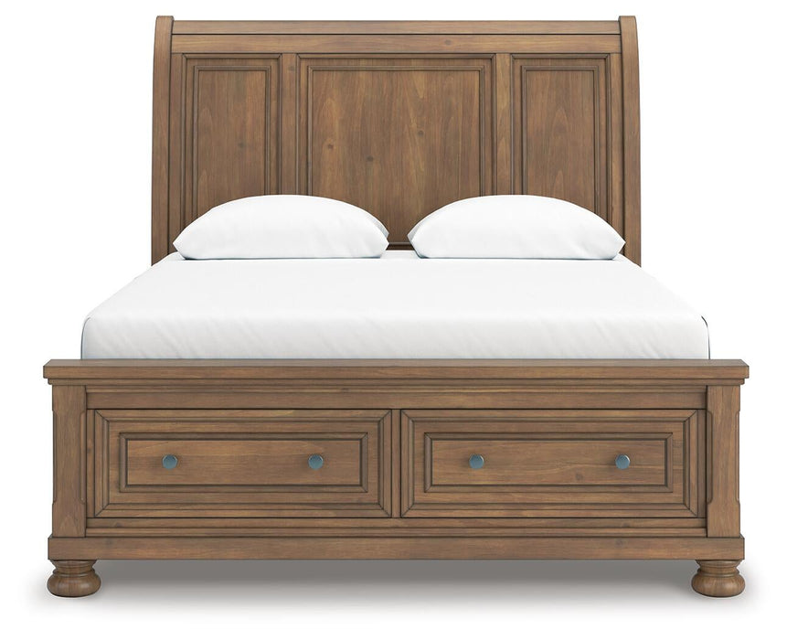Feddinger Queen Storage Sleigh Bed with Mirrored Dresser, Chest and Nightstand