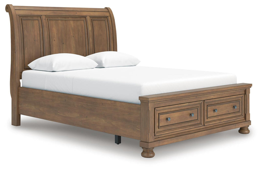 Feddinger Queen Storage Sleigh Bed with Mirrored Dresser, Chest and Nightstand