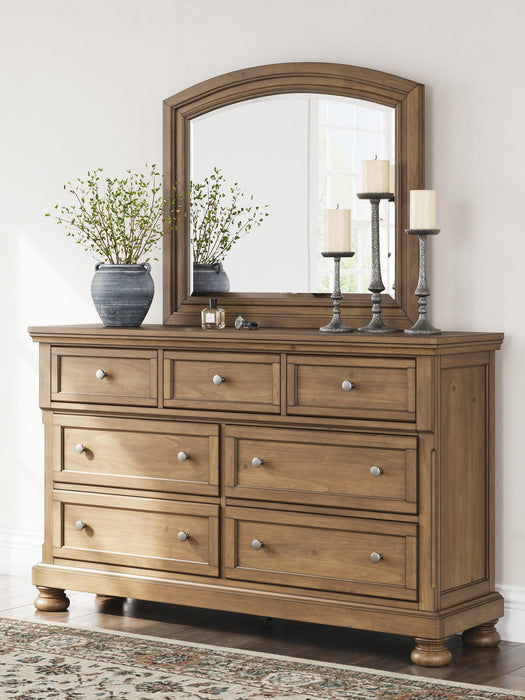 Feddinger Queen Storage Sleigh Bed with Mirrored Dresser and Nightstand