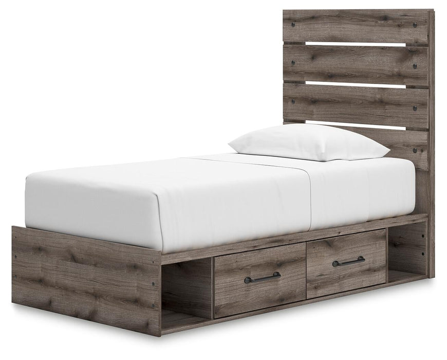 Graystorm Twin Panel Bed with Storage, Dresser, Mirror and Nightstand
