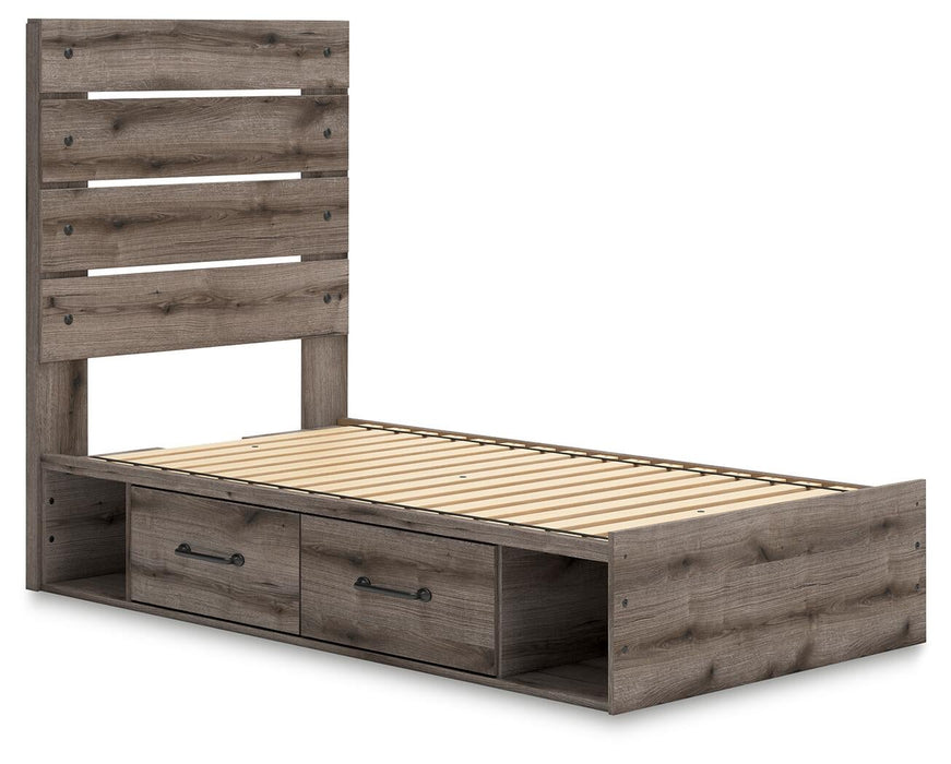 Graystorm Twin Panel Bed with Storage, Dresser, Mirror and Nightstand