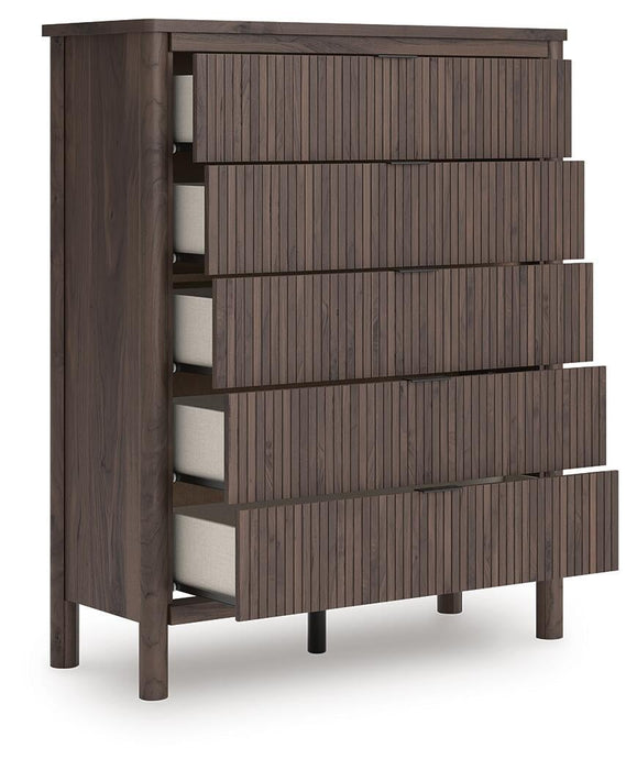 Pamytta Twin Upholstered Panel Platform Bed, Dresser, Mirror, Chest and Nightstand