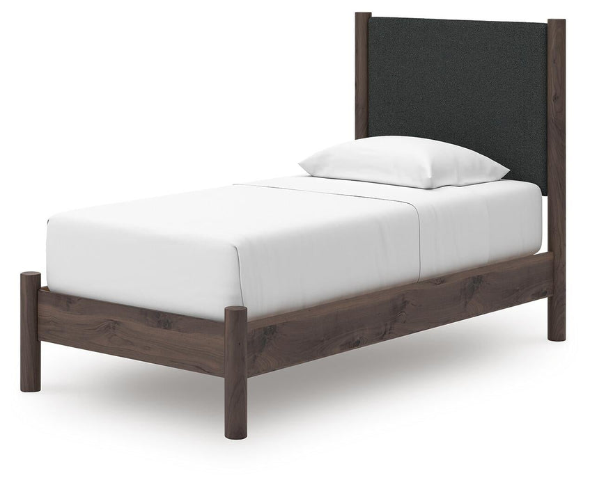 Pamytta Twin Upholstered Panel Platform Bed, Dresser, Mirror, Chest and Nightstand