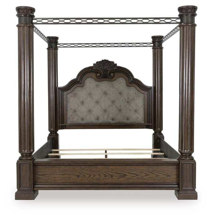 Maylee California King Canopy Bed, Dresser, Mirror and Nightstand