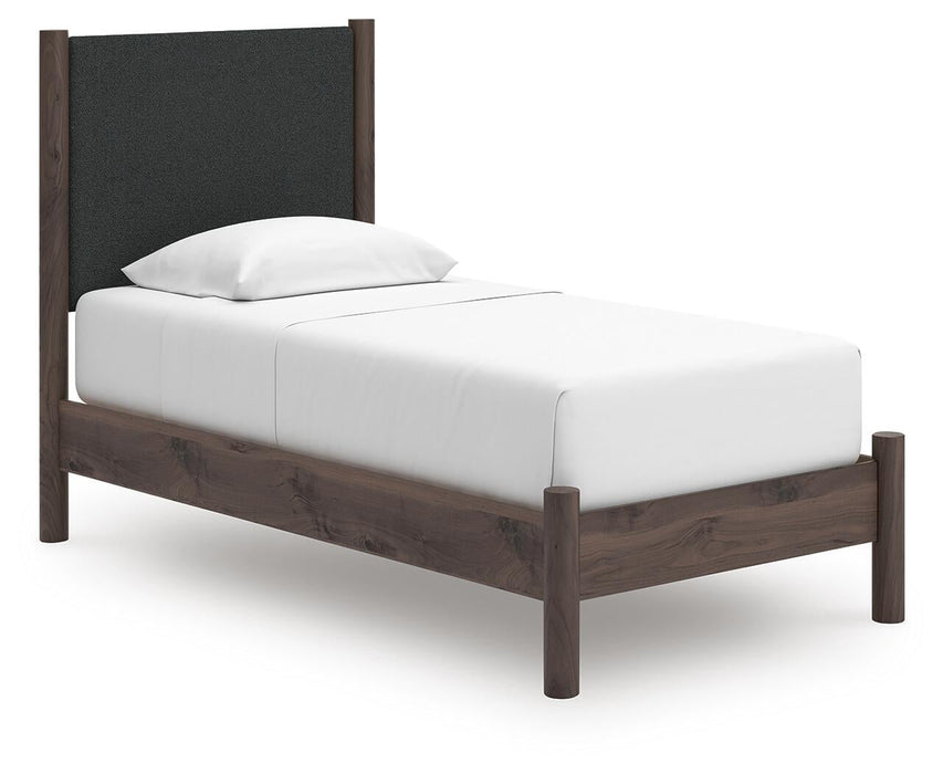 Pamytta Twin Upholstered Panel Platform Bed, Dresser and Mirror