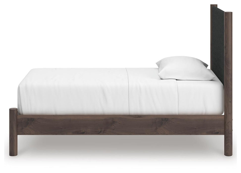 Pamytta Twin Upholstered Panel Platform Bed, Dresser and Mirror