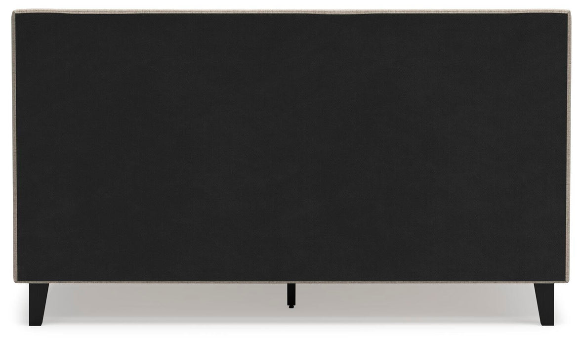 Cielden California King Upholstered Bed with Roll Slats, Dresser and Mirror