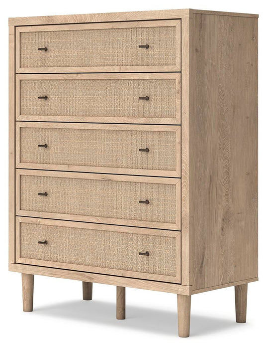 Cielden Queen Upholstered Bed with Roll Slats, Dresser, Mirror, Chest and Nightstand