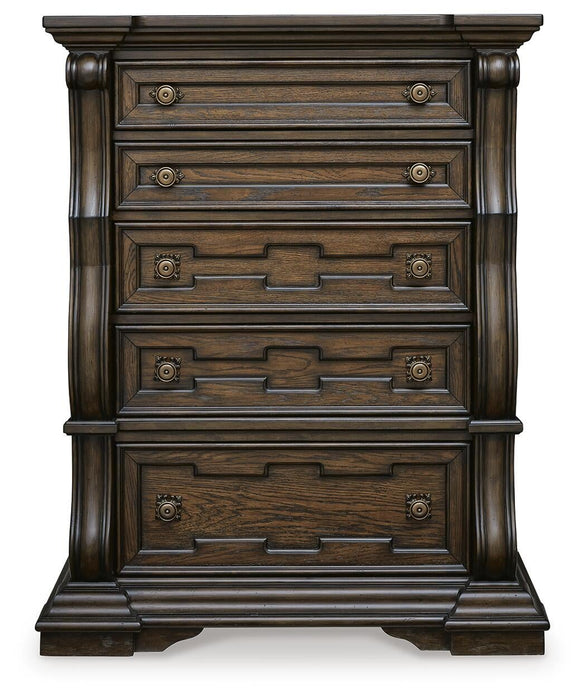 Maylee California King Canopy Bed, Dresser, Mirror, Chest and Nightstand