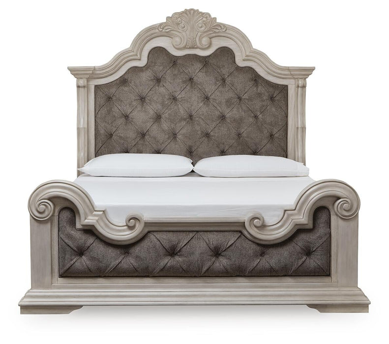 Bruchandi King Upholstered Panel Bed with Mirrored Dresser and Nightstand