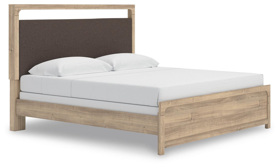 Kinlanni King Upholstered Panel Bed, Dresser, Mirror and Nightstand