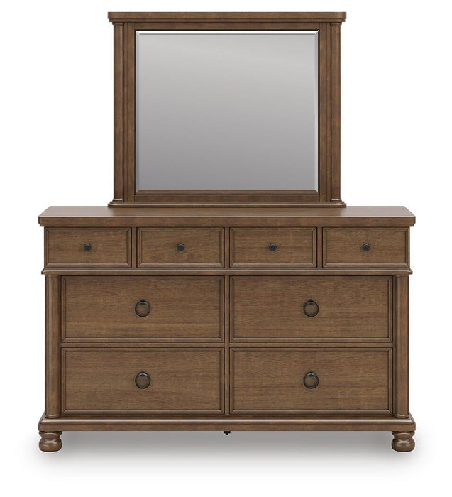 Rowlenstown California King Poster Bed with Mirrored Dresser