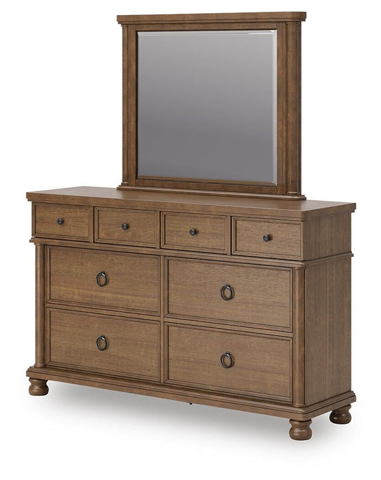 Rowlenstown California King Poster Bed with Mirrored Dresser