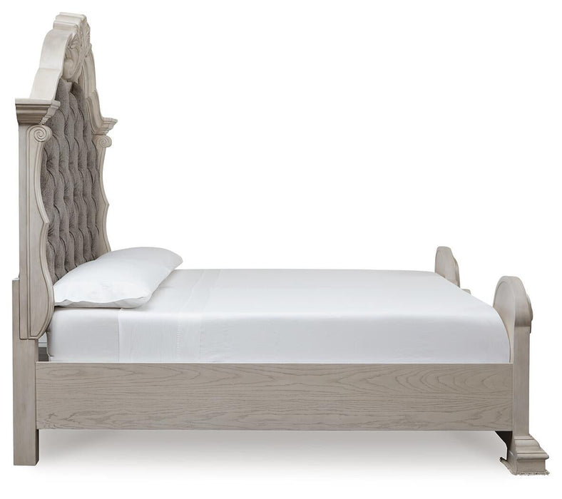 Bruchandi California King Upholstered Panel Bed with Mirrored Dresser and Nightstand