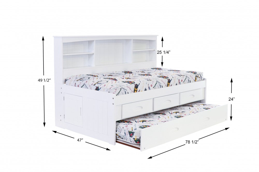 White Twin Bookcase Daybed with 3 Drawers and Twin Trundle
