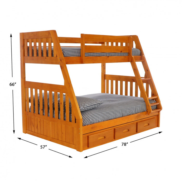 Honey Twin over Full Bunkbed with 3 Drawer or Twin Trundle