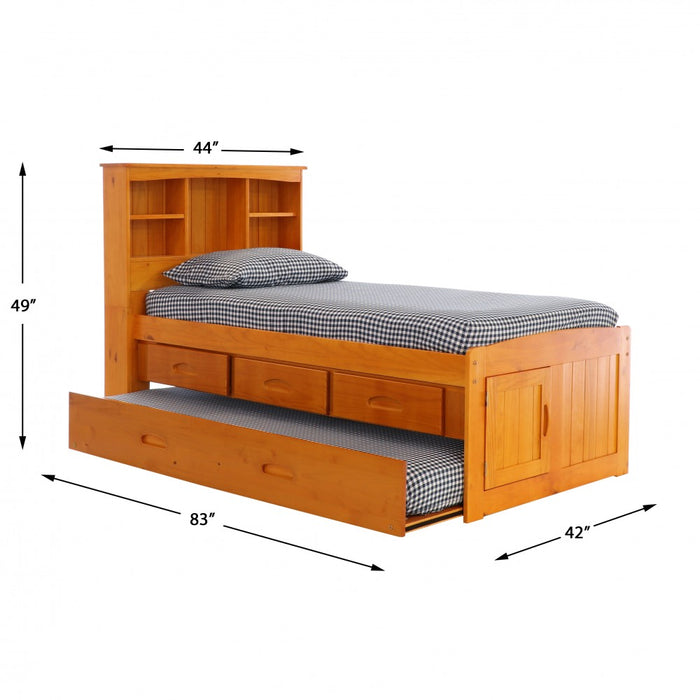Honey Twin Bookcase Captains Bed with 3 Drawers and Twin Trundle