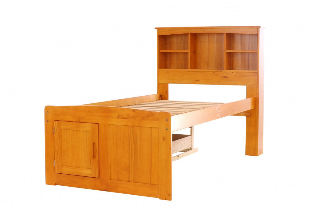 Honey Twin Bookcase Captains Bed with 6 Drawers