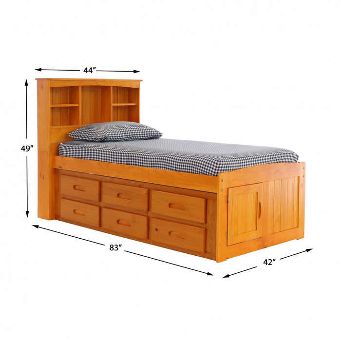 Honey Twin Bookcase Captains Bed with 6 Drawers