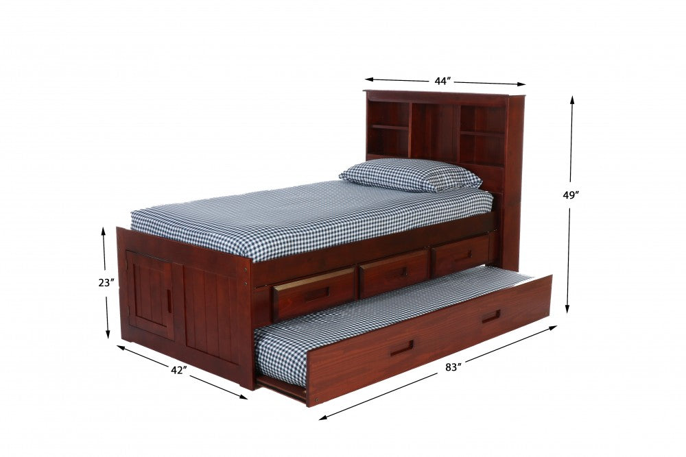 Merlot Twin Bookcase Captains Bed with 3 Drawers and Twin Trundle