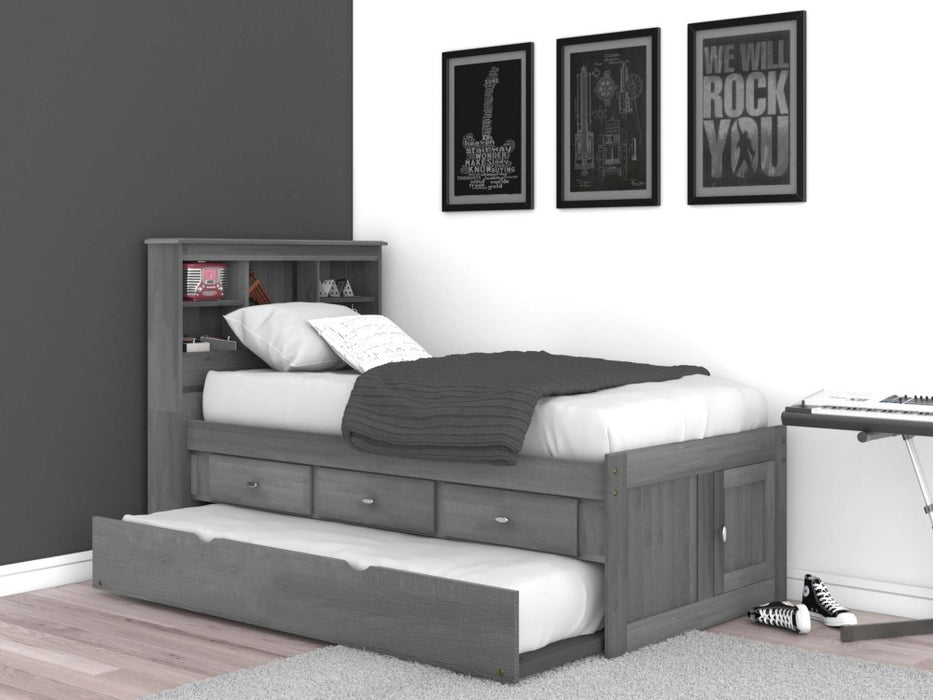 Charcoal Twin Bookcase Captains Bed with 3 Drawers and Trundle