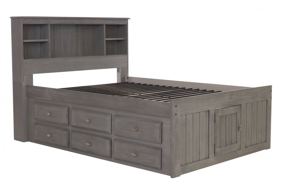 Charcoal Full Bookcase Captains Bed with 6 Drawers
