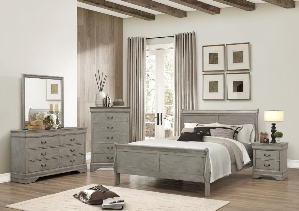 Grey Louis Phillipe Queen Sleigh Bed, Dresser & Mirror