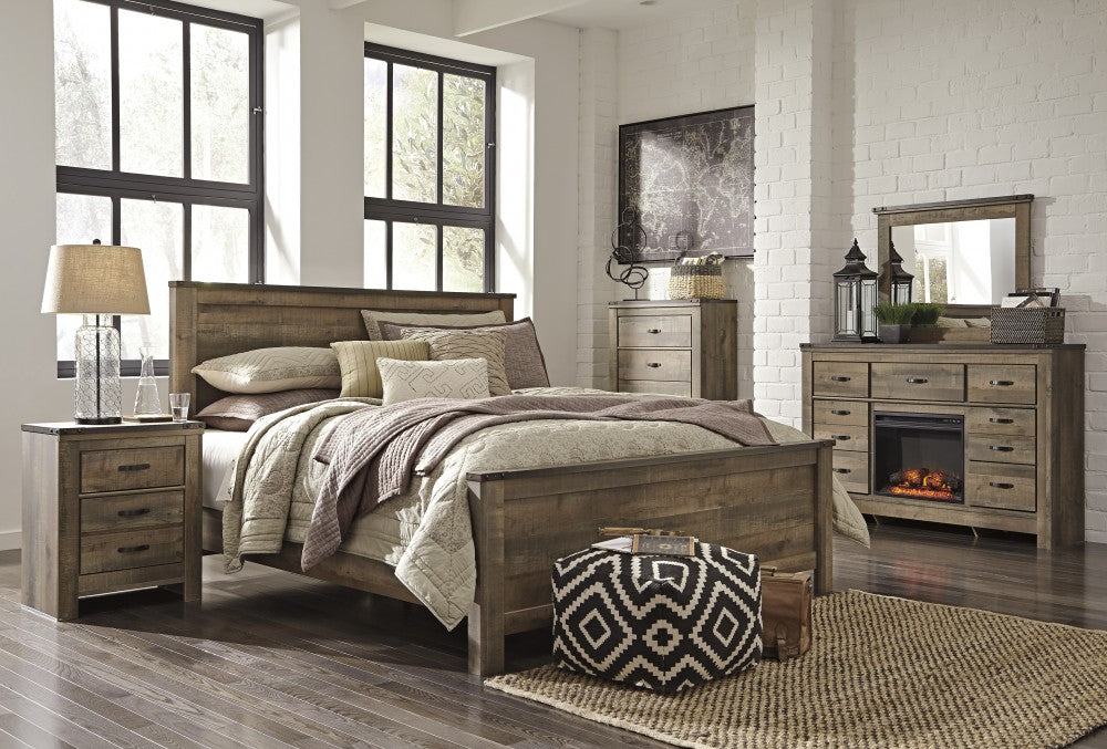 Trinell Queen Bed, Dresser with Fireplace Option & Mirror