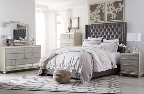 Coralayne Silver 4pc Dresser, Mirror & Queen Panel Bed