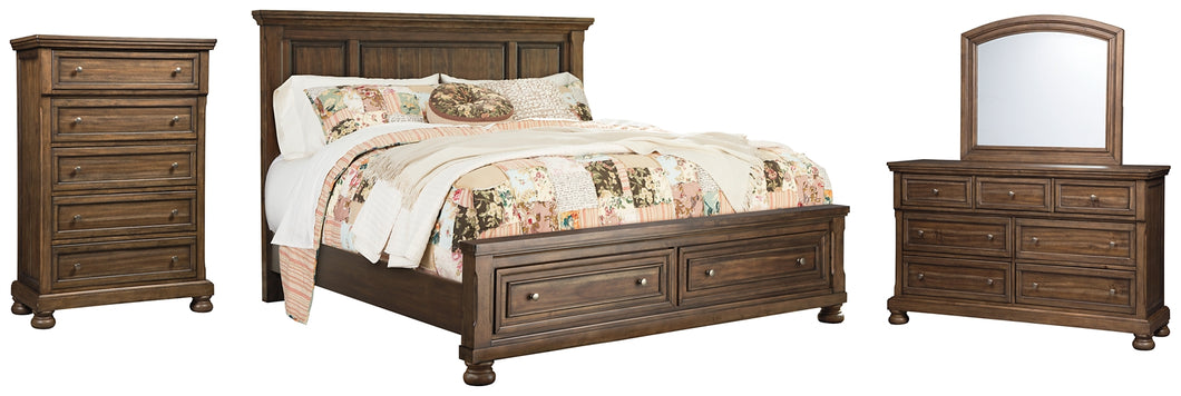 Flynnter Queen Panel Bed with 2 Storage Drawers with Mirrored Dresser and Chest