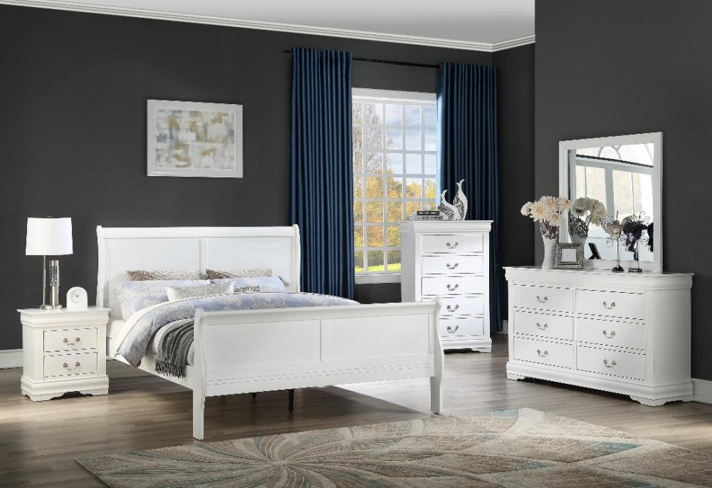 White Louis Phillipe Queen Sleigh Bed, Dresser & Mirror, Chest & Nightstand